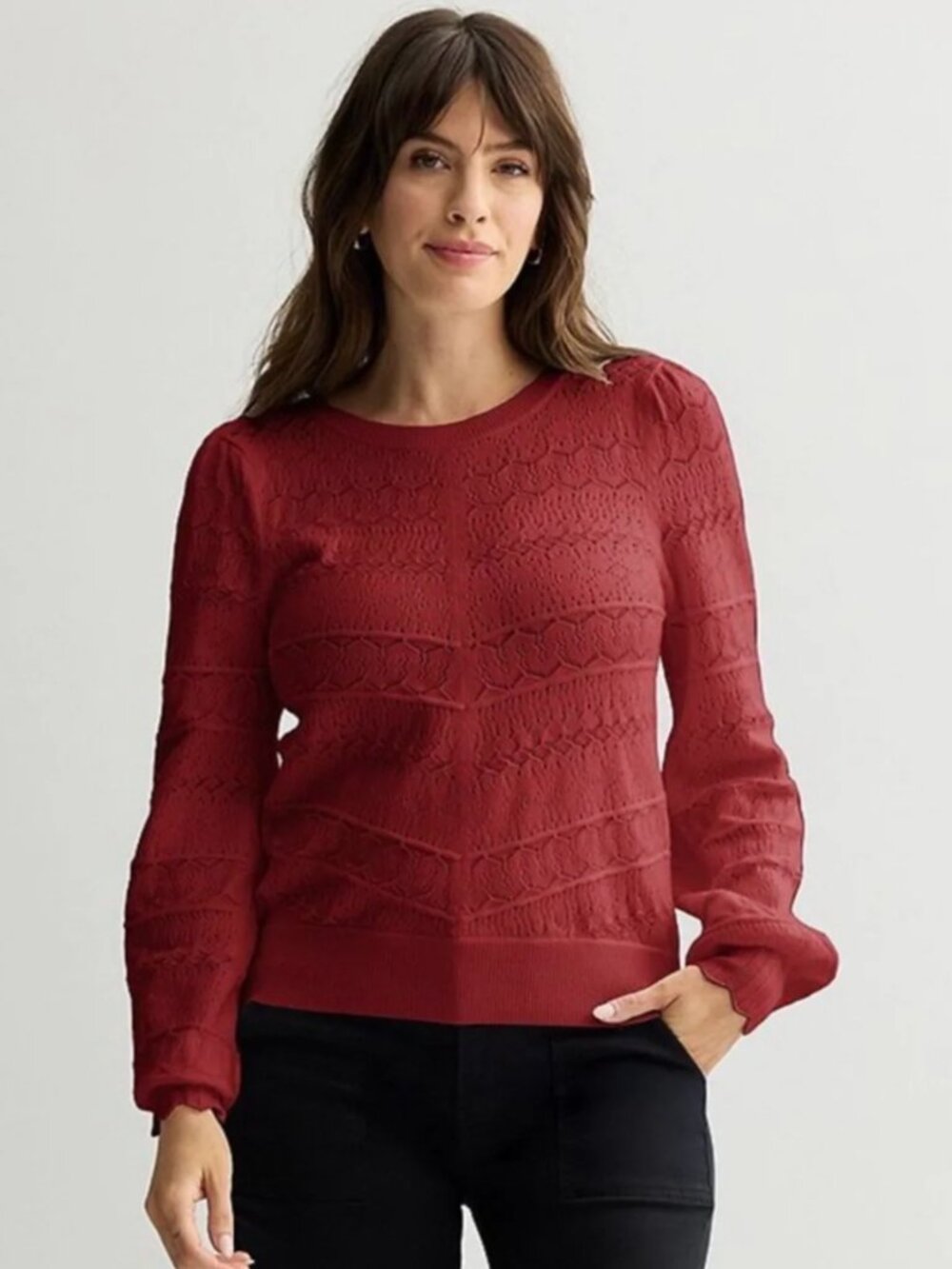 Draper James Long Sleeve Pointelle Sweater Puff Shoulder Crewneck Cranberry Red